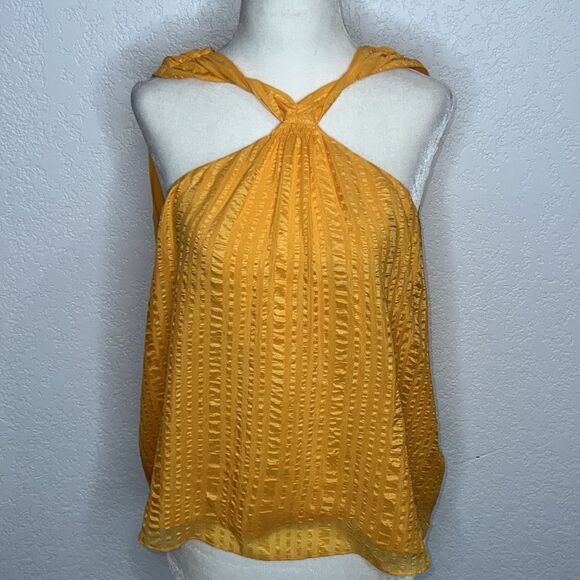 New Frame Draped Crinkle Halter Neck Silk Top in Kumquat Yellow XS - Picture 2 of 13